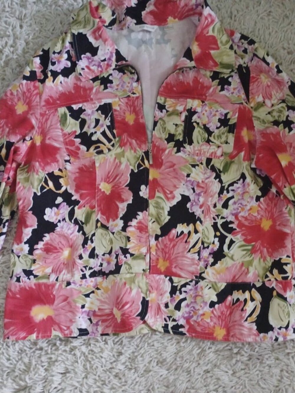 Erin London Jacket Womens XL Floral Cotton Stretch Zip Front Art to Wear